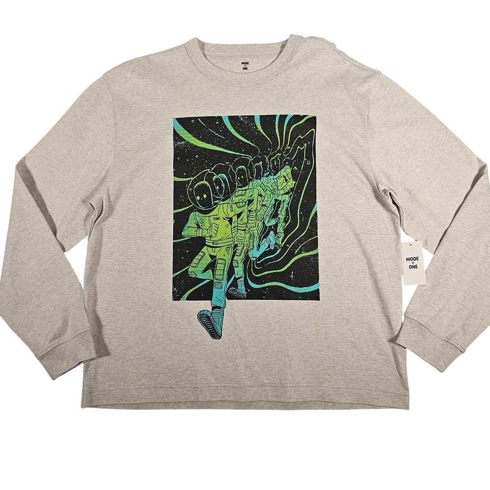 Mode Of One Men Graphic Long Sleeve T-Shirt‎ Astronaut Space Print Grey Large
